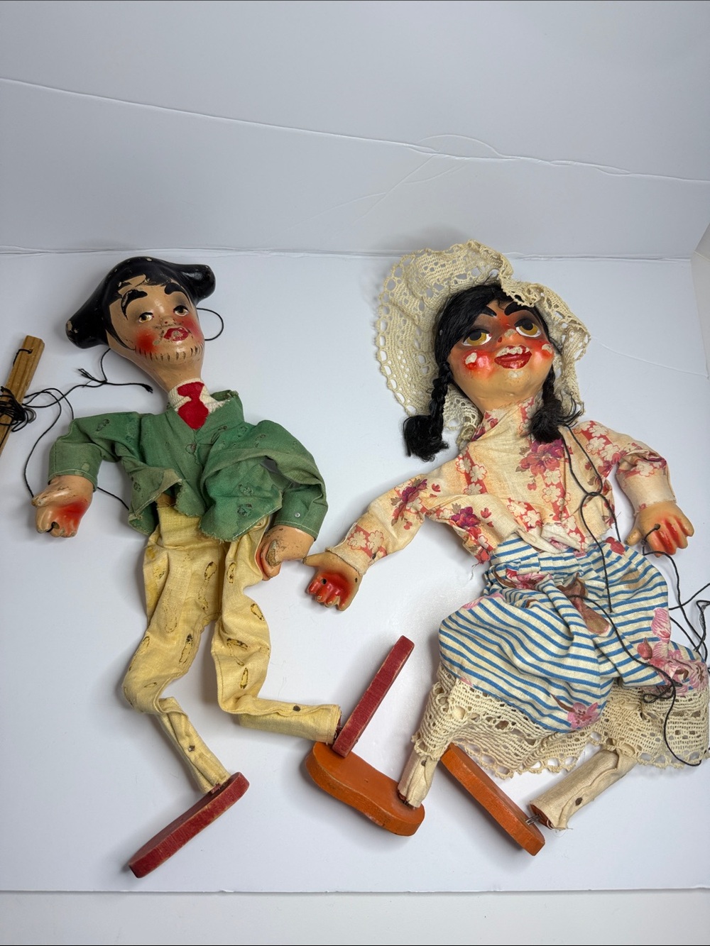 Vintage Marionette Puppet Pair in Green, Yellow, Blue & Cream